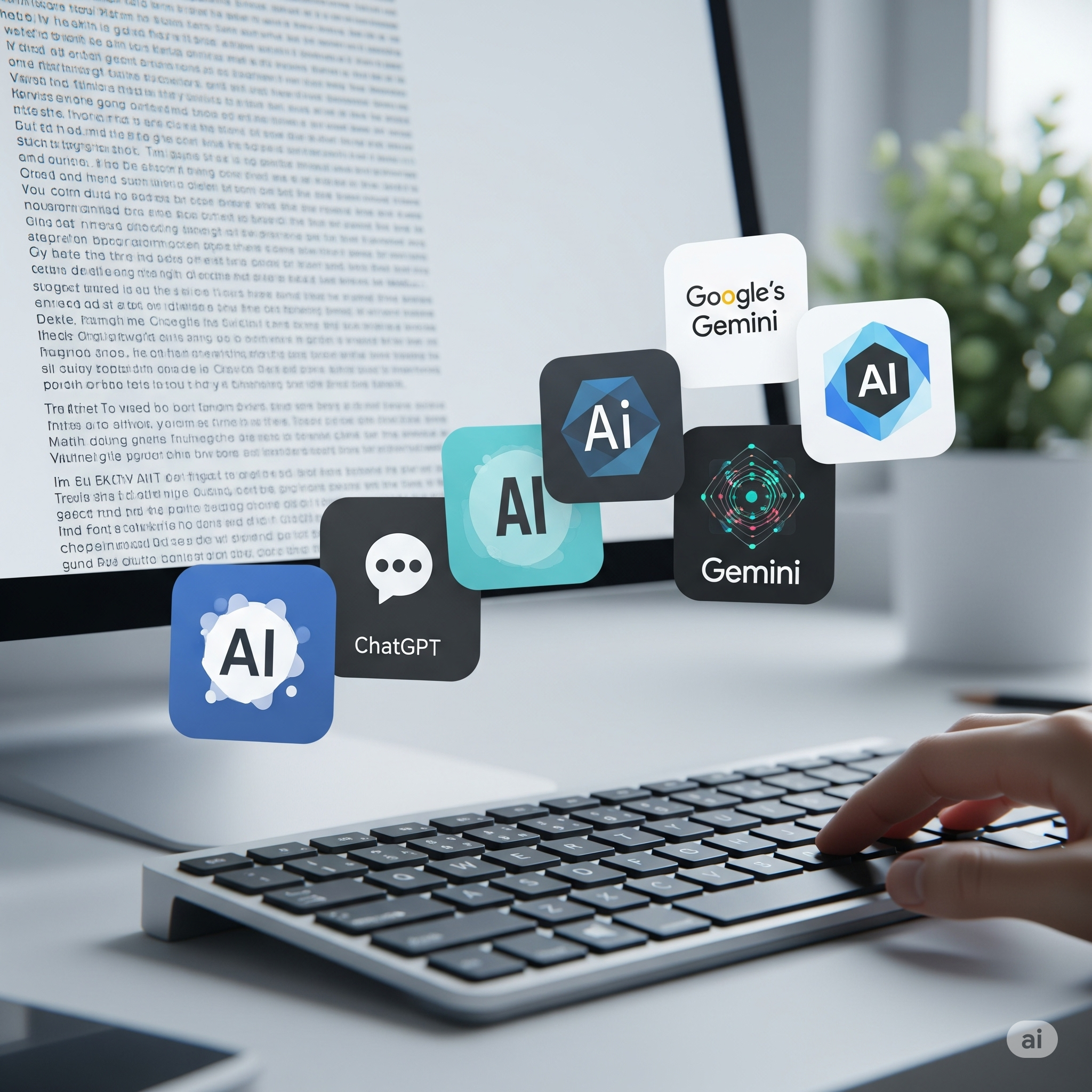 Pessoa digitando em um teclado com logotipos de IA flutuando